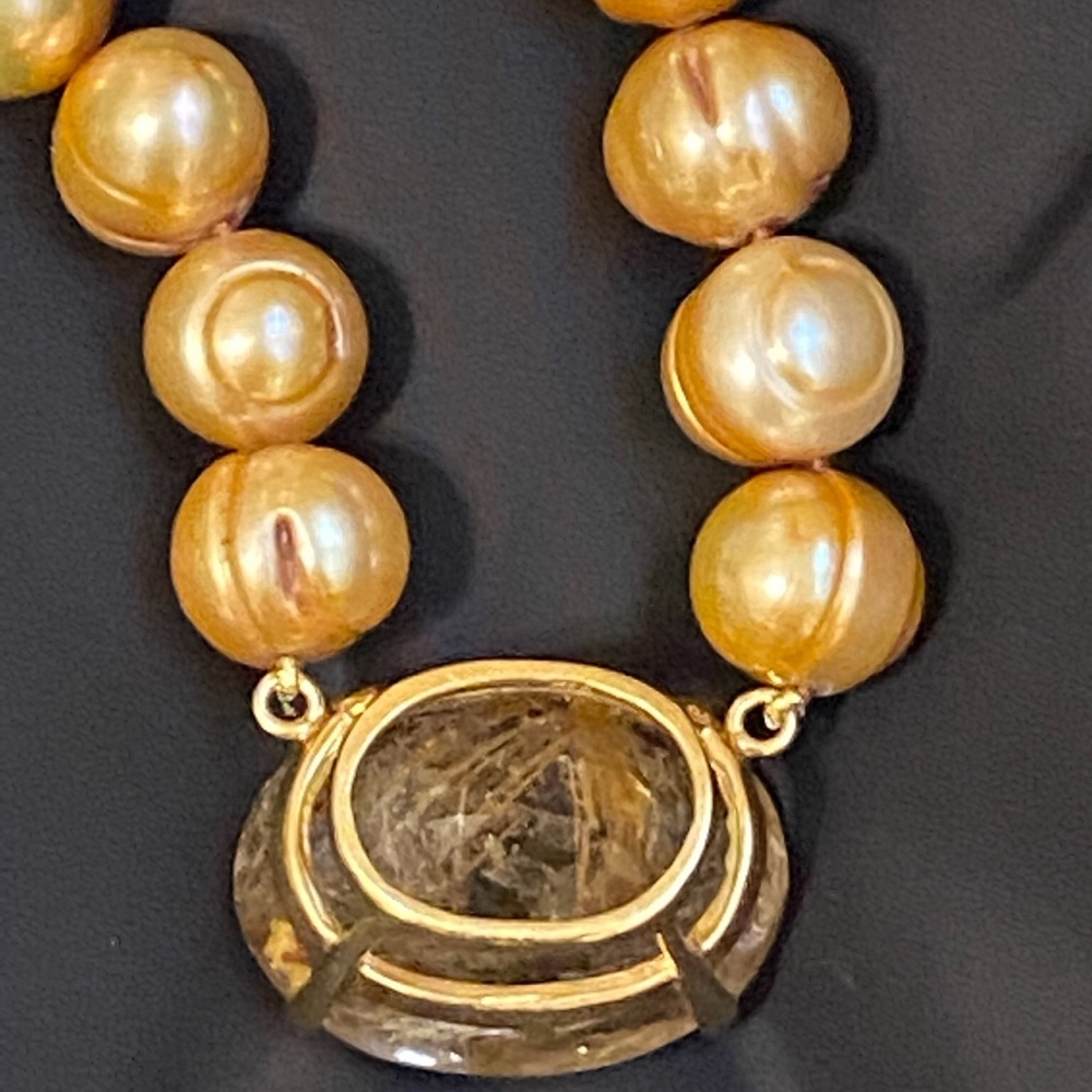 Rutilated quartz with baroque Carmel pearls 14k gold Choker style